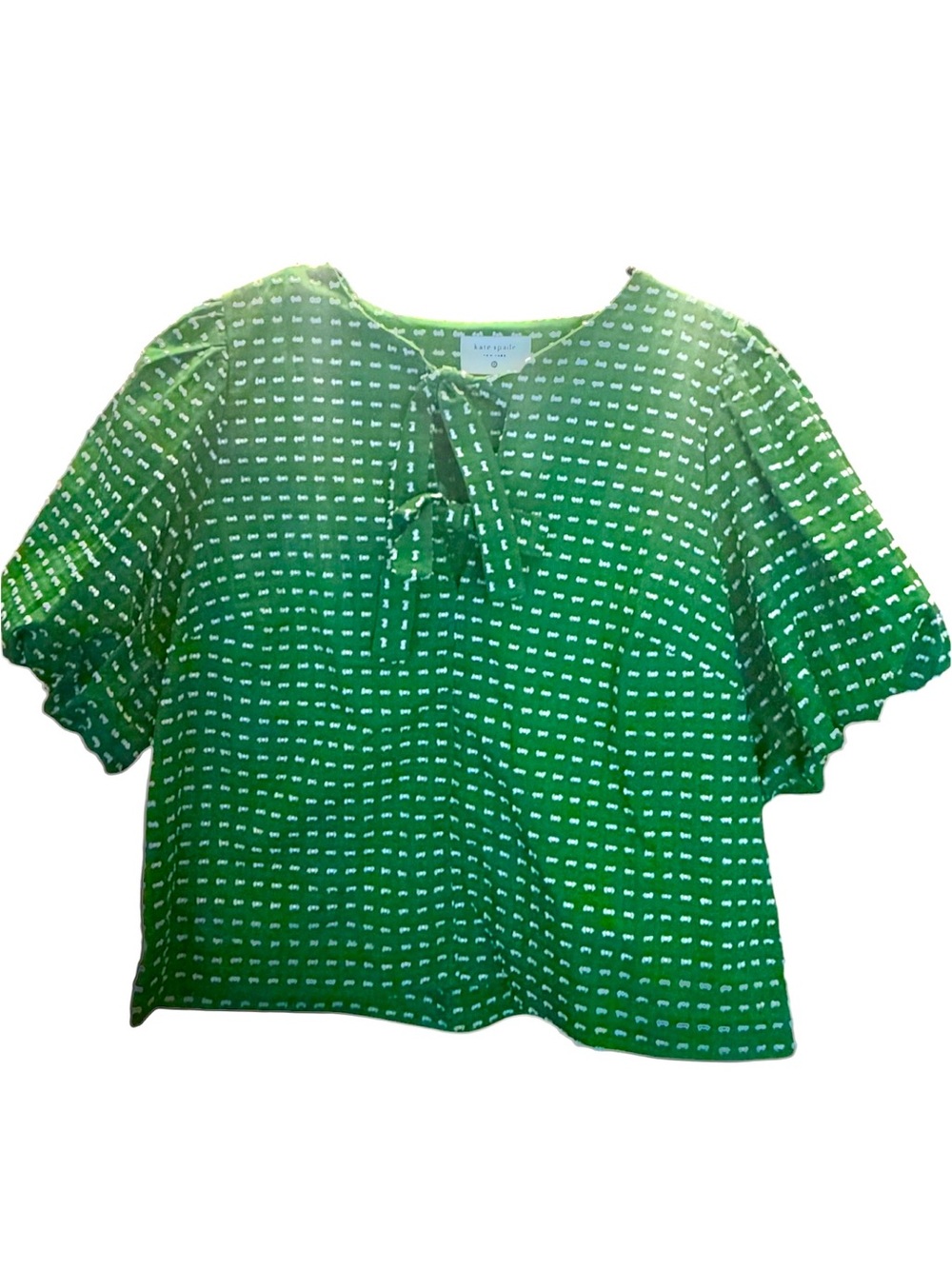 kate spade New York Green clip Dot Puff Sleeve Tie-Neck Blouse small pre-owned.